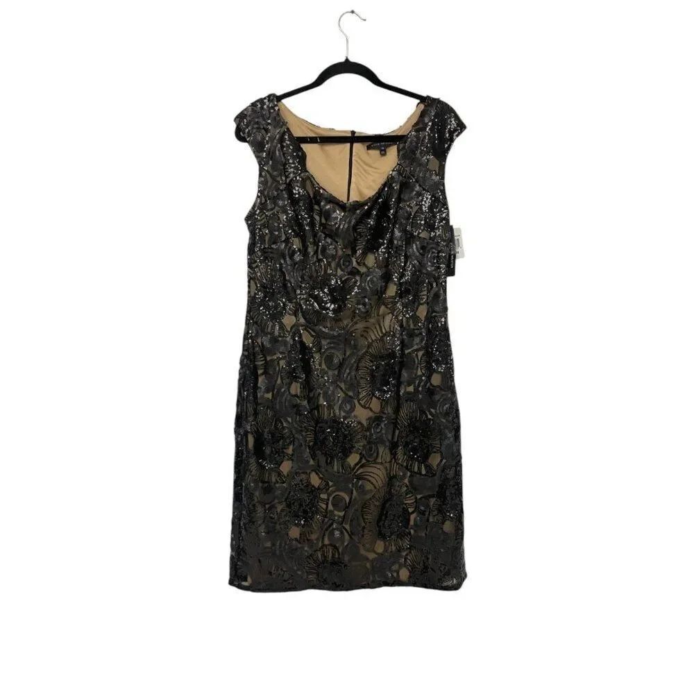 David Meister Womens Sheath Dress sz 14 Black Sequin Floral Sleeveless Lined NWT